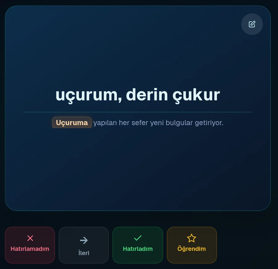 Flashcard: abyss kelimesinin çevirisi ve örnek cümle