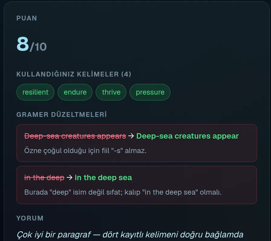 Yazma pratiği: 8/10 puan ve gramer düzeltmeleri